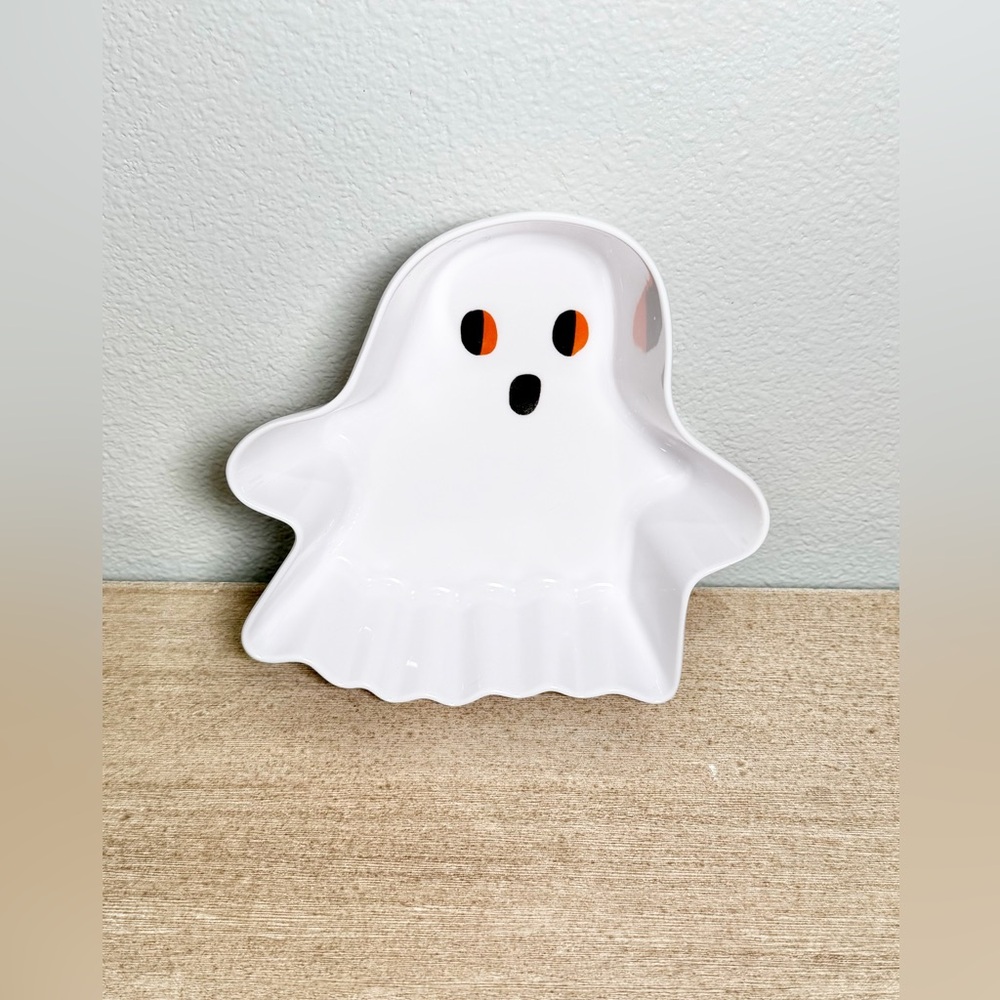 NWOT Halloween Ghost Shaped Dish Candy Dish White Orange Decor White Plastic